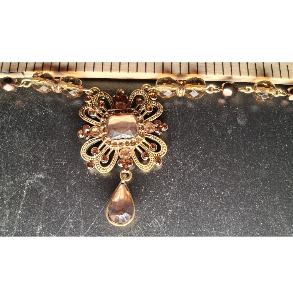 Avon Vintage Gold Tone Filigree Smoky Topaz Amb, Crystal Beaded Pendant Necklace - Picture 9 of 14